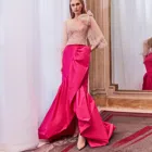Женская Длинная Юбка со шлейфом, с рюшами, цвета фуксии, для выпускного вечера, элегантная плиссированная юбка с разрезом