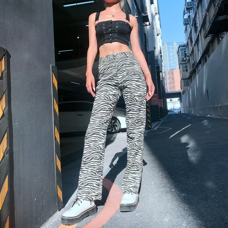 

Harajuku Zebra Animal Print Straight Pants Capris High Waist Flare Trousers Ladies Women Casual Pants Vintage Streetwear