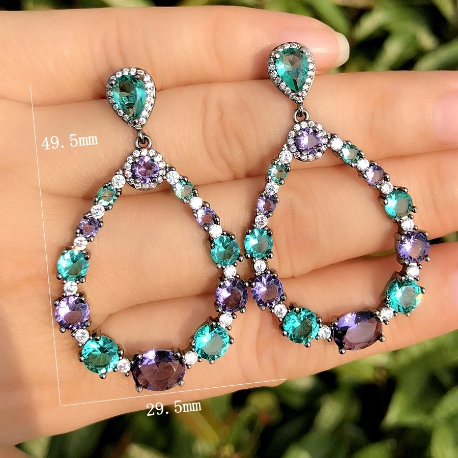 

Fashion colorful boho big Dangle Earrings green Crystal glass Zirconia stone hollow Long Earrings Black Plated for Women Jewelry