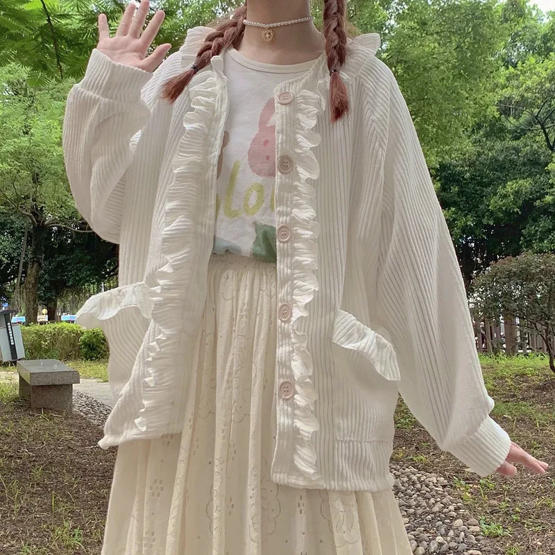 

Japanese Autumn New Preppy Style Sweet Coat Girl Kawaii Ruffles Corduroy Lantern Sleeve Single Breasted Loose Cardigan Coats Y2k