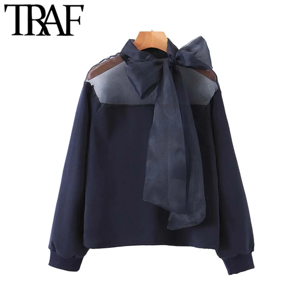 TRAF, женские винтажные стильные Лоскутные кофты из органзы, модный воротник с галстуком-бабочкой, длинный рукав, прозрачные пуловеры, шикарные топы