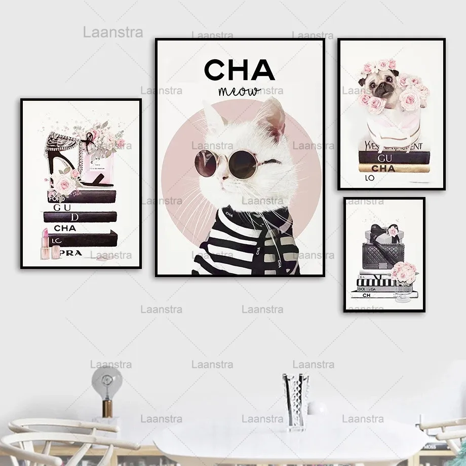

Fashion Book Cat Flower with Logo Wall Art Canvas Painting Nordic Posters and Prints Wall Pictures for Living Room Decor