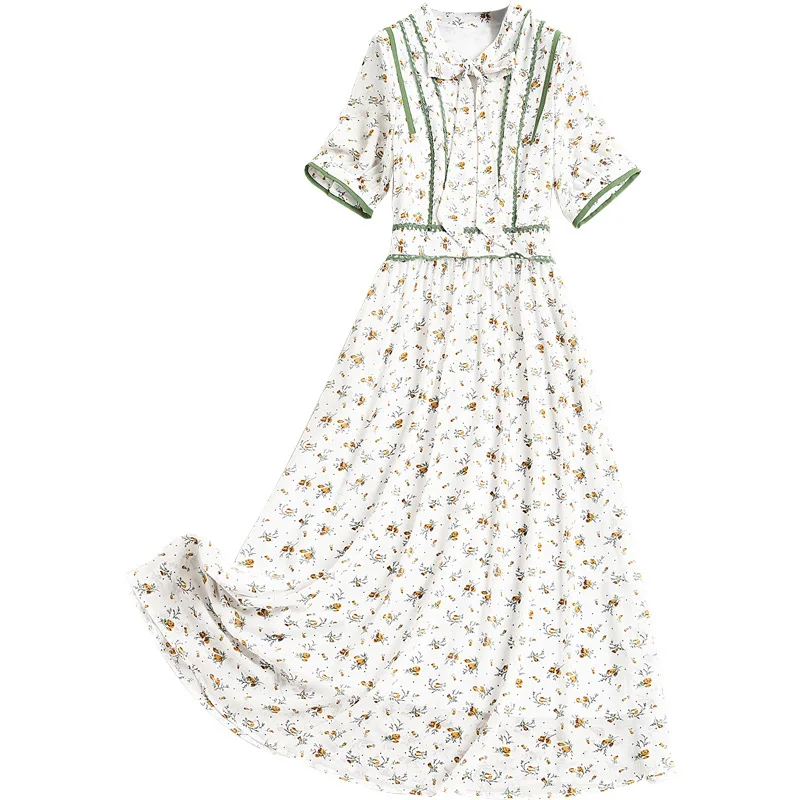

Women floral print vintage fashion elegant chiffon dress summer 2021 France style bow collar short sleeve princess dresses