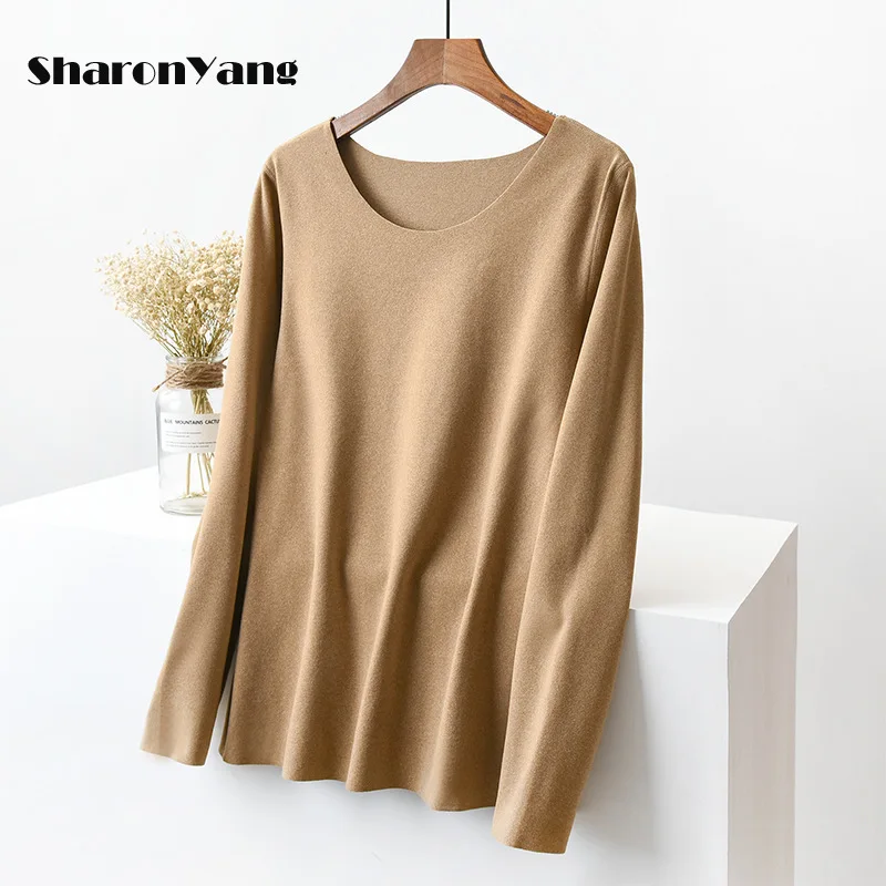 

Autumn and Winter Double-sided Velvet Warm Women Tops Velvet O-neck Bottoming Shirt Women's Slim Traceless Long Sleeve T-shirt