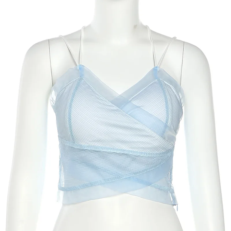 

Women Tank Tops Pure Color Slim Sexy V-Neck Mesh Open Back Camisole Sleeveless Sling Type Casual Fashion 2021 New Summer