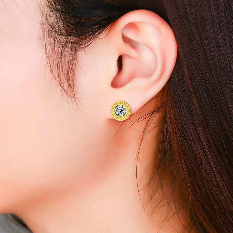 

New Fashion Cubic Zirconia Stud Earrings for Women Statement Vintage Roman Numerals Stainless Steel Earrings 2021 Trend Jewelry