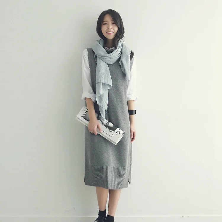 Pullover vest dress New Autumn Winter long Knitted Women Sweaters Sleeveless Warm Sweater Casual Solid Vestido with belt | Женская