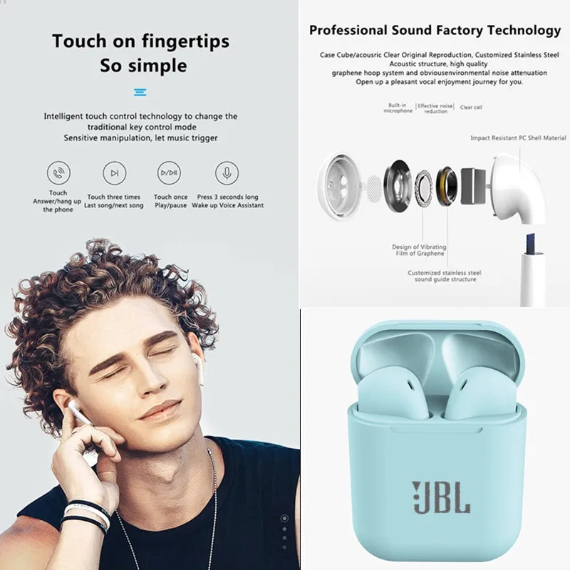 JBL Tws Inpods I12 Wireless Bluetooth Headset Active Noise Reduction TWS Stereo Earbuds Bass Sound Mic Headphones | Электроника