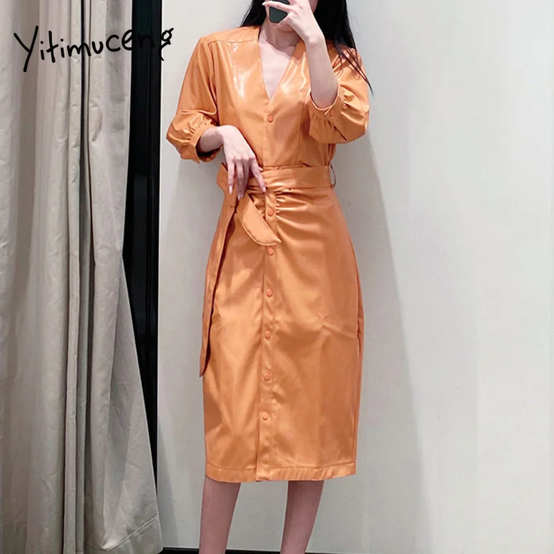 

yitimuceng leather dress women black dress with sashes puff sleeve straight PU women dress casual office ladies orange dresses