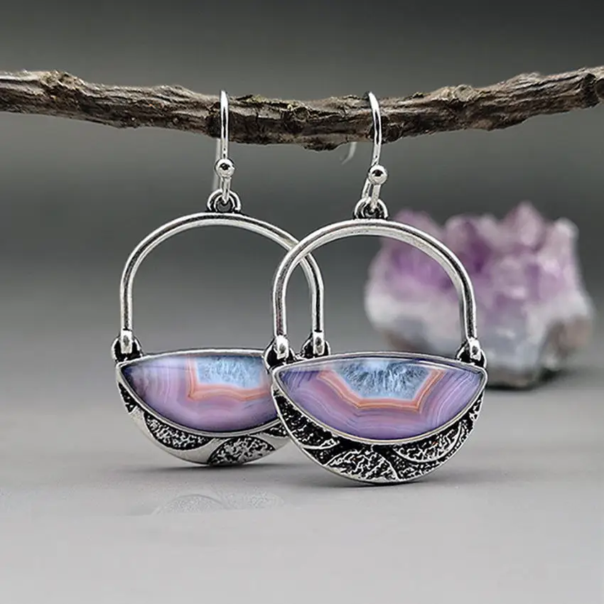 

Oxidized Vintage Lock Shape Artificial Purple Stone Drop Earrings for Women Trendy Bohemian Gypsy Jewelry Wholesale