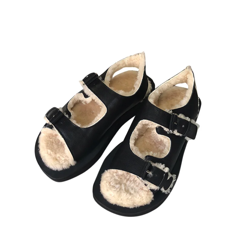 

Women Fur Sandals Woman Beach Shoes Girls Platform Flats Ladies Shearling Shoes Female Black Brand Sandals Zapatos De Mujer New