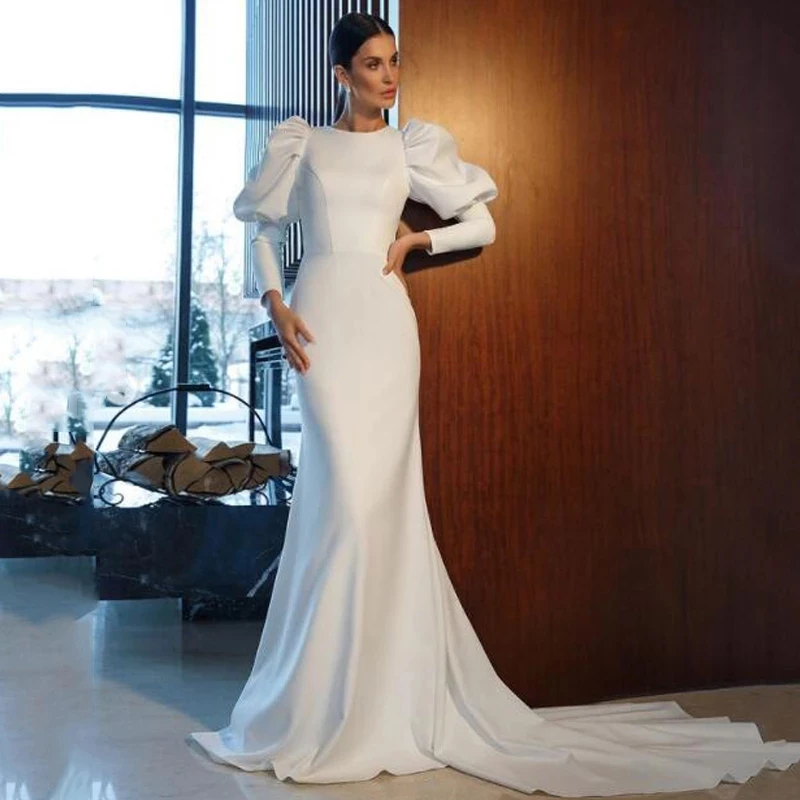 

ChuYu Vintage White Mermaid Satin O-neck Backless Puff Sleeve Wedding Dress Formal Occasion 2021 Simple High Quality