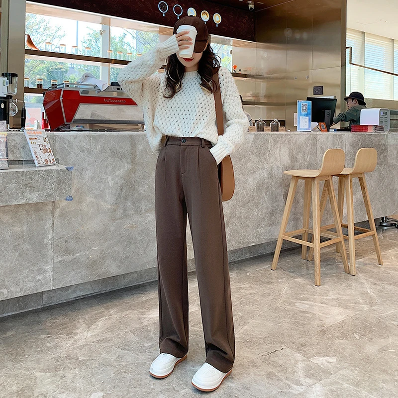 

Woolen Solid Casual Mid-waisted Loose Women's Pants Wide-legged Spring Autumn 2022 New High Street Trousers Streetwear Female