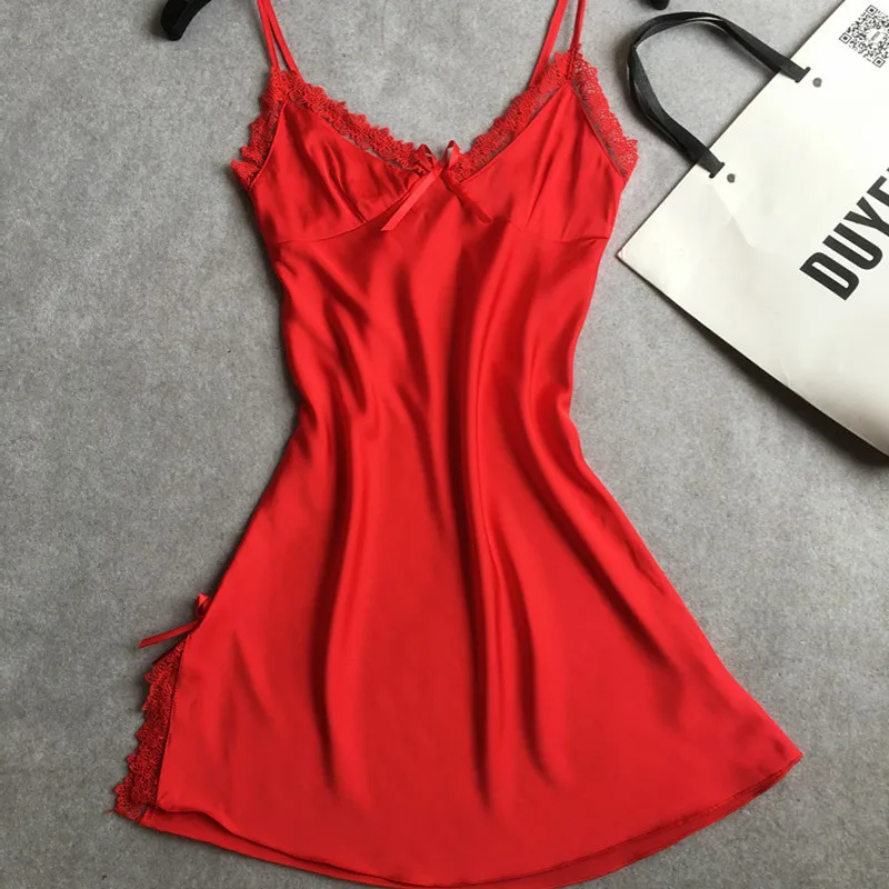 

Women Nightdress Sexy mini Dress Soft Comfortable Satin Lace Sleepwear Nightgown Summer Autumn Sling V-neck camisola sexy