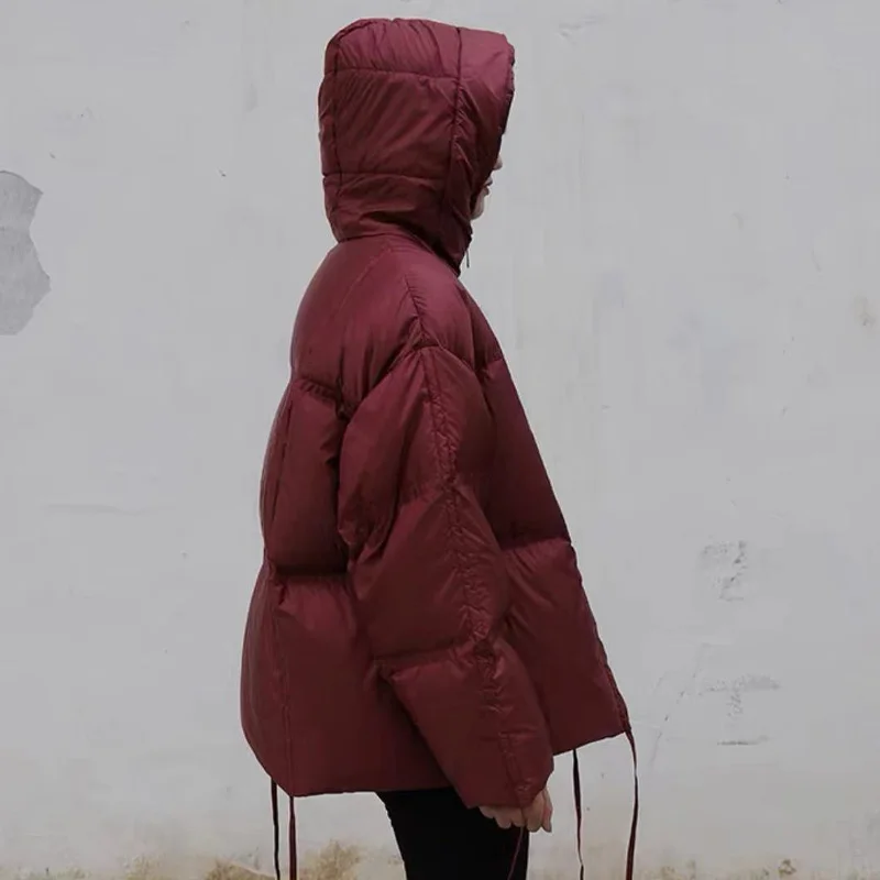 off-Season down Jacket Women's New Drawstring Loose Large Size Hooded Black Bread Coat Short Thickened Coat
