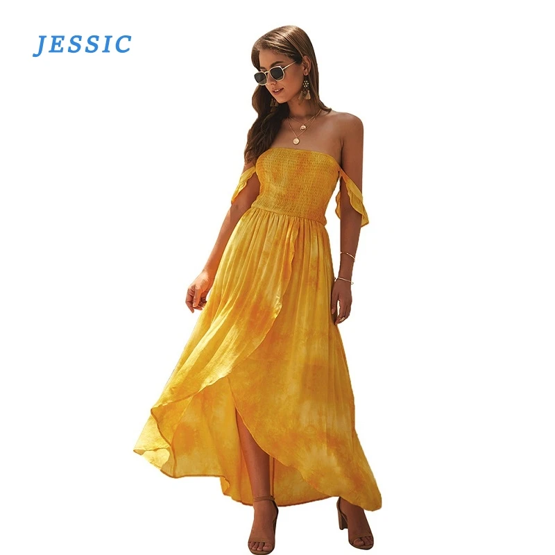 

JESSIC Off-the-shoulder Printed Dress With High Waist Solid Color Wrap Chest Women Long Dyeing Dress Fasion New 2020