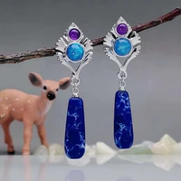 new long teardrop dark blue stone dangle earrings for women fantasy jewelry purple beads metal leaf scepter drop earring