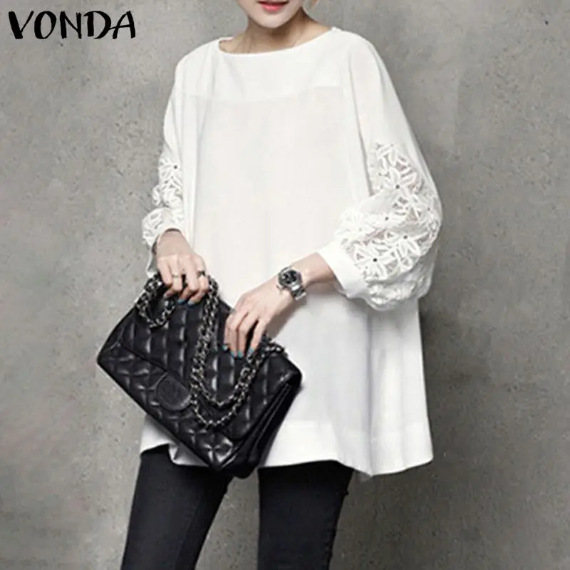 

Women Elagant Solid Shirts Tunic Casual Round Neck Blouse VONDA 2022 Vintag 2/3 Sleeve Patchwork Tops Blusas Feminina