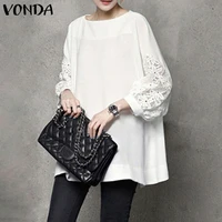 women elagant solid shirts casual round neck blouse vonda 2021 vintag 23 sleeve patchwork tops blusas feminina s