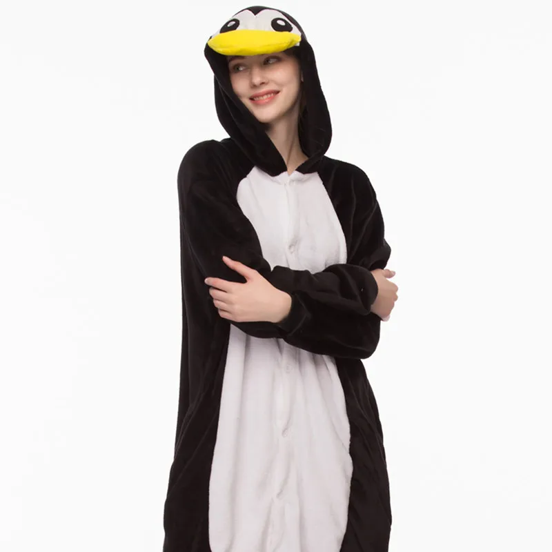 Kigurumi Pajama Penguin Adult Animal Cartoon Hooded Onesie Women Men Couple 2019 Winter Pajamas Suit Sleepwear Flannel Pijamas