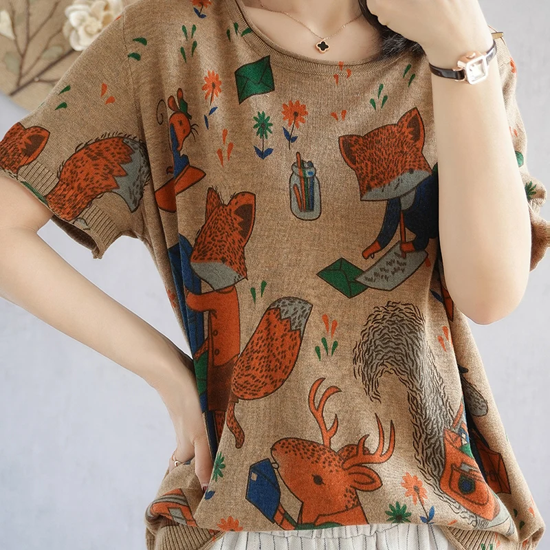 

Summer 2021New 100%Pure Cotton Knit Short-Sleeved Top Women' T-Shirt Round Neck Large Size Half-Sleeved Printing Base Shirt Thin