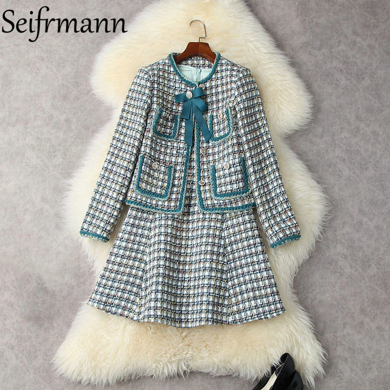 

Seifrmann New 2021 Autumn Women Fashion Designer 2 Two Pieces Set Long Sleeve Straight Coats + Sleeveless Elegant Short Dresses