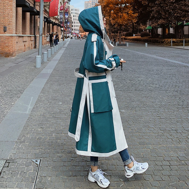 

Women Trench Coat Hooded Double-Breasted Oversize Patchwork Lady Windbreaker with Belt Spring Autumn Outerwear Female Clothes
