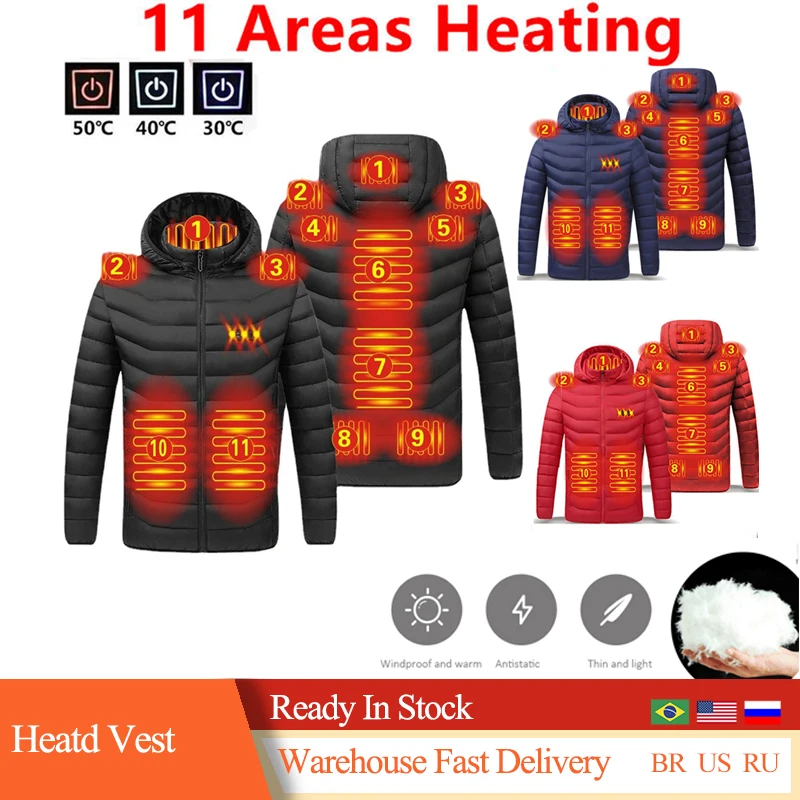 

Зимняя уличная теплая куртка с подогревом, 11 мест, с USB, с электрическим подогревом, для охоты, теплое Спортивное теплое пальто, Модная хлопко...