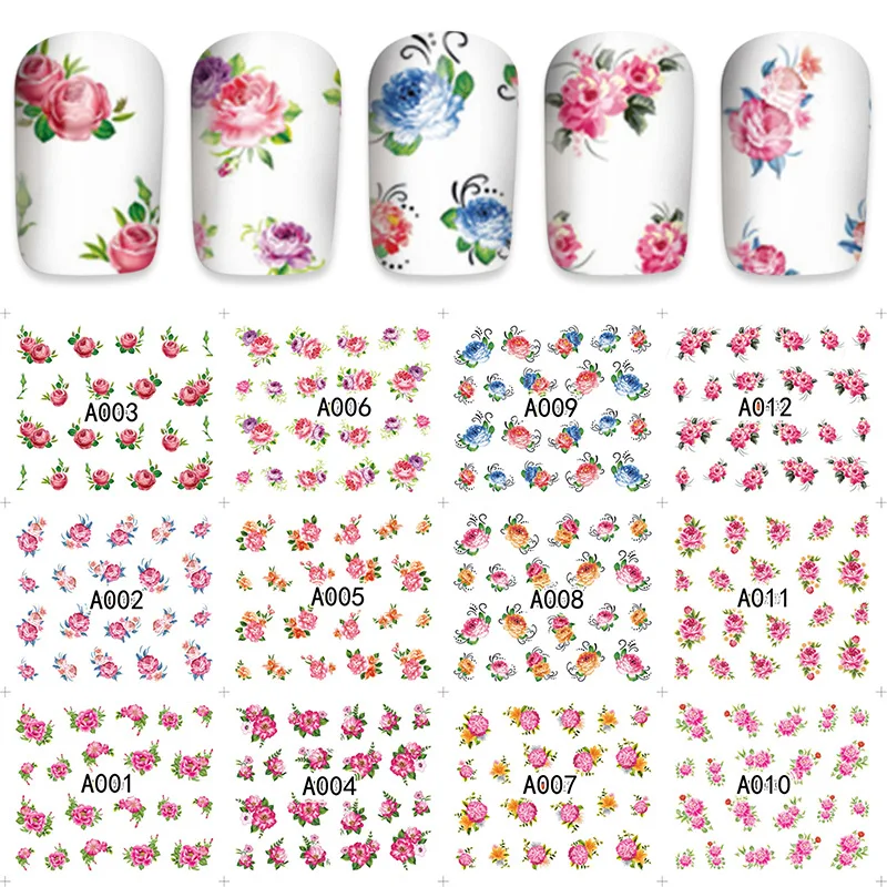 Наклейки для ногтей смешанного дизайна с 12 узорами бабочки цветами листьями