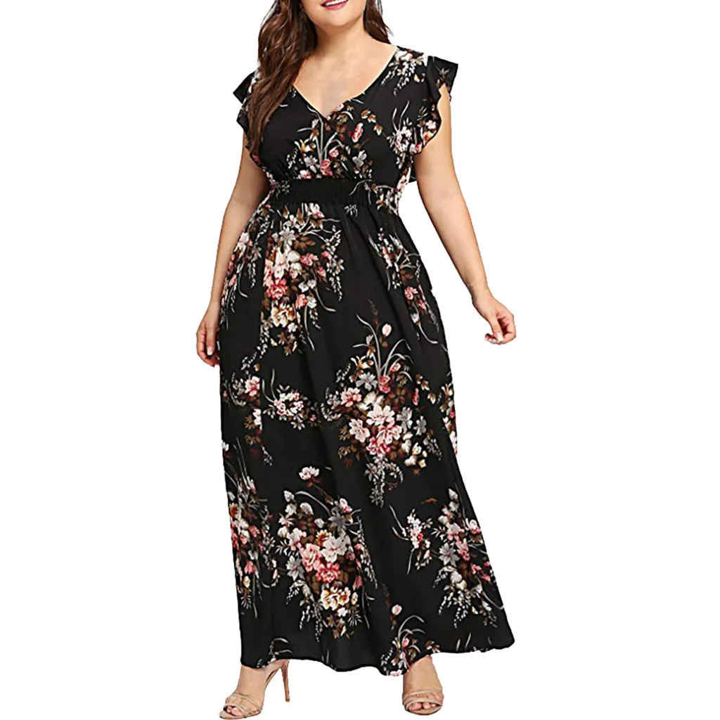 

2022 New Summer Maxi Dress Women Plus Size Loose Floral Print Slim Ruffle Short Sleeve V Neck Holiday Party Robes Casual vestido