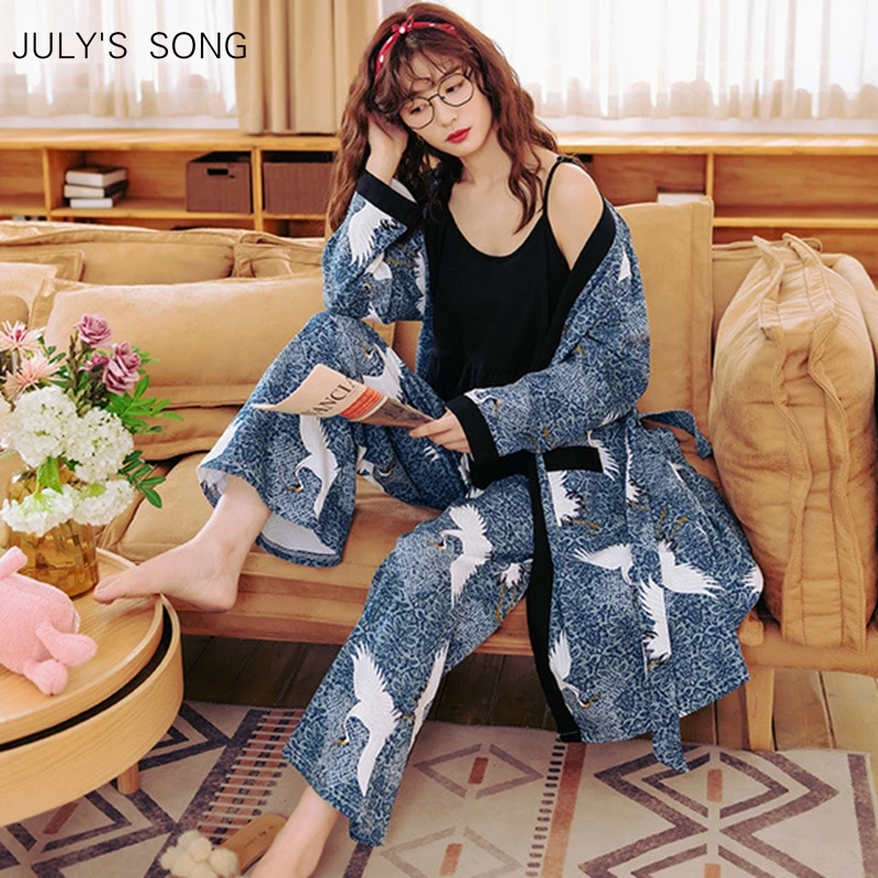 

Пижамный комплект JULY'S SONG Женский, хлопковая ночная рубашка с длинным рукавом и длинными штанами, с принтом журавля