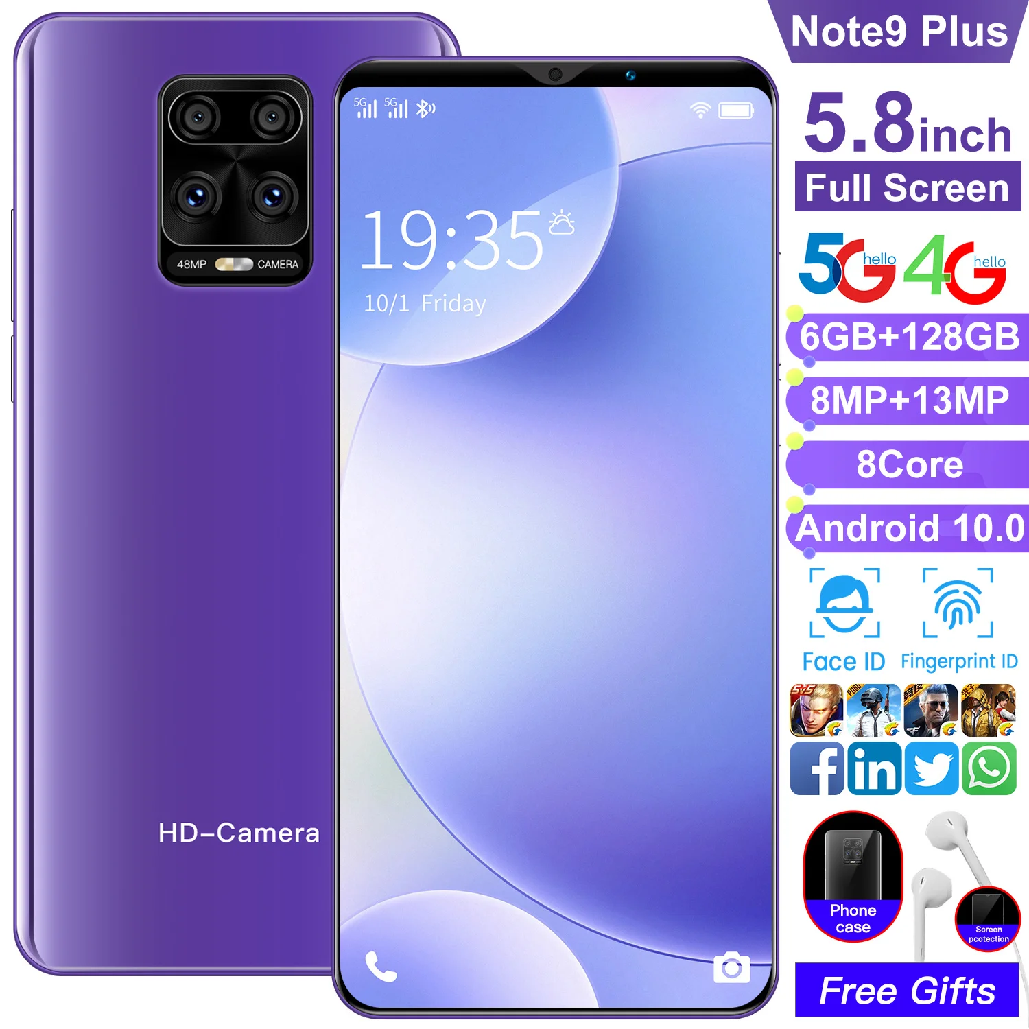 

Global Note9 Plus 8+128GB 8 Core 8+13MP Dual SIM+Micro SD Mobile Phones MTK6763 Andriod 10.0 Fingerprint Unlock Smartphone