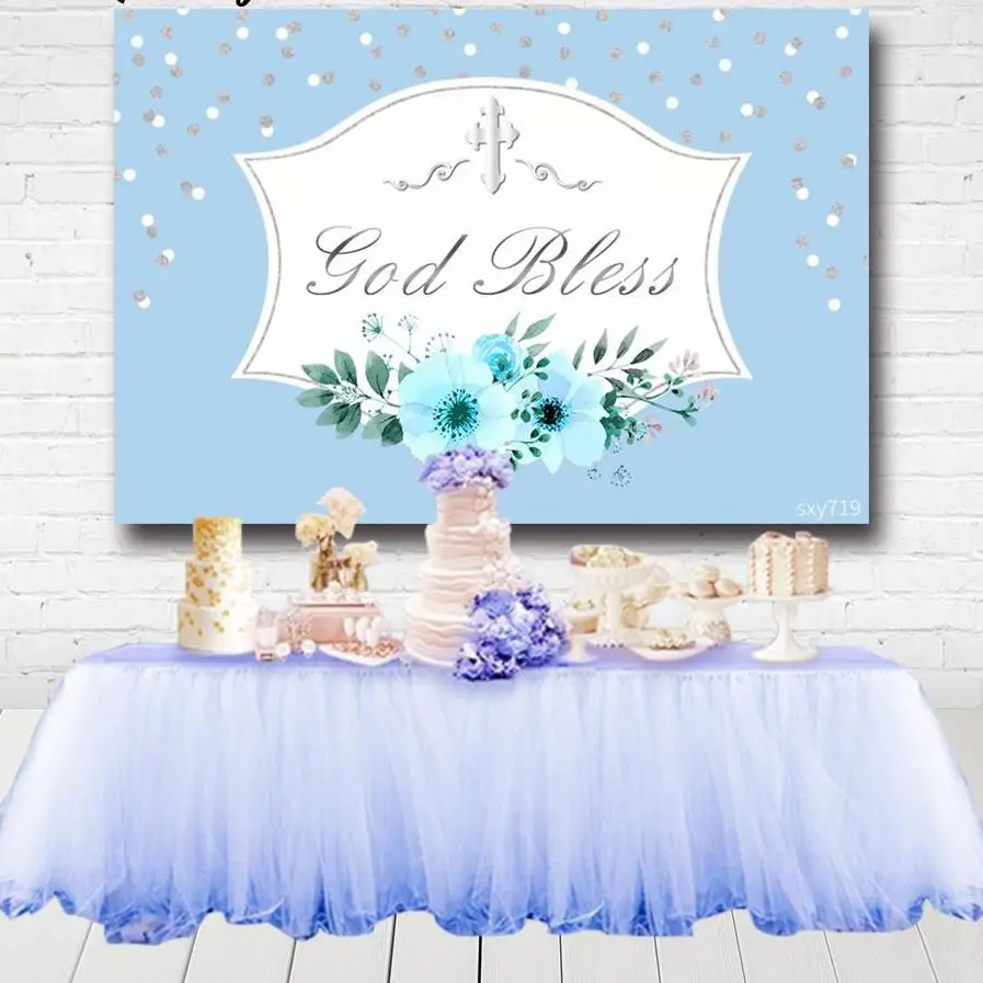 

Light Blue Boys Baptism Backdrops For Photocall God Bless Cross Baby Shower Kids Birthday Party Photography Backgrounds