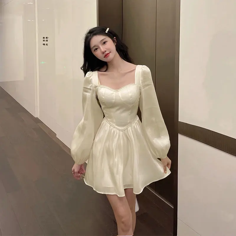 

Новинка 2021, белое милое платье с длинными рукавами и высокой талией, высококачественное текстурное корейское платье феи, платье на день рож...