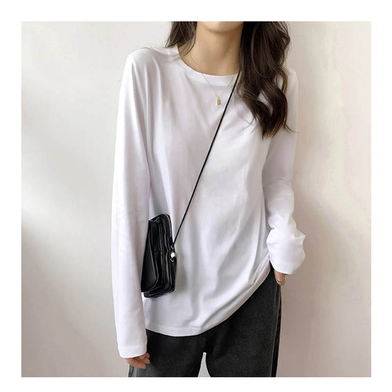 

T Shirt Womens New Fashion Korean Spring Cotton Long Sleeve Solid Simple Basic Tops Female O Neck Thin Loose Casual Tees T-Shirt