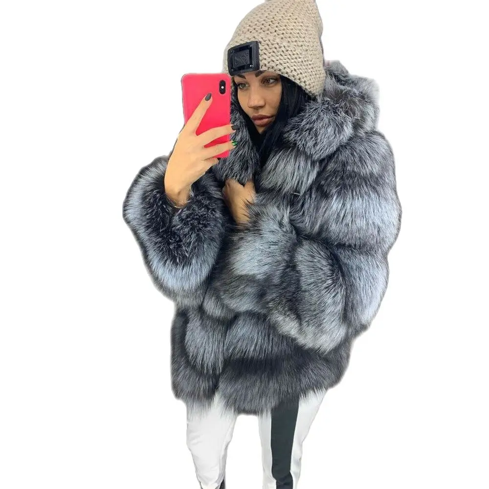 Woman Natural Silver Fox Fur Coat with Hood Medium Length Whole Skin Genuine Silver Fox Fur Jacket Female Winter Luxury Outwear