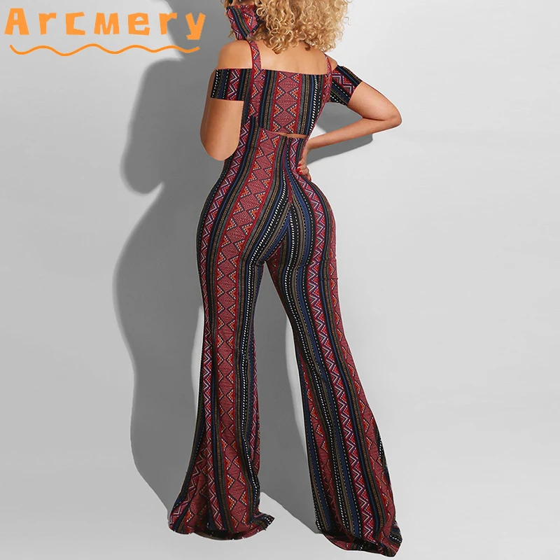 

2 Pieces Pants Sets Women Cold Shoulder Short Sleeve Printed Top & Flare Wide Leg Pants