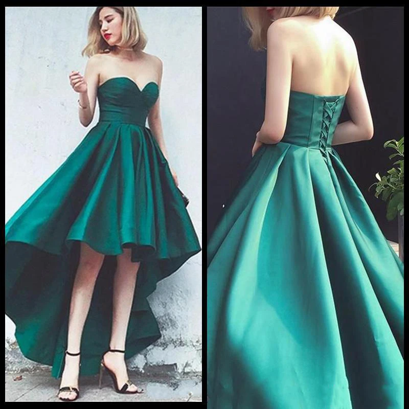 

Simple Green High Low Prom Dress Sweetheart Lace Up Corset Bodice A Line Satin Prom Dresses Strapless Evening Party Gowns