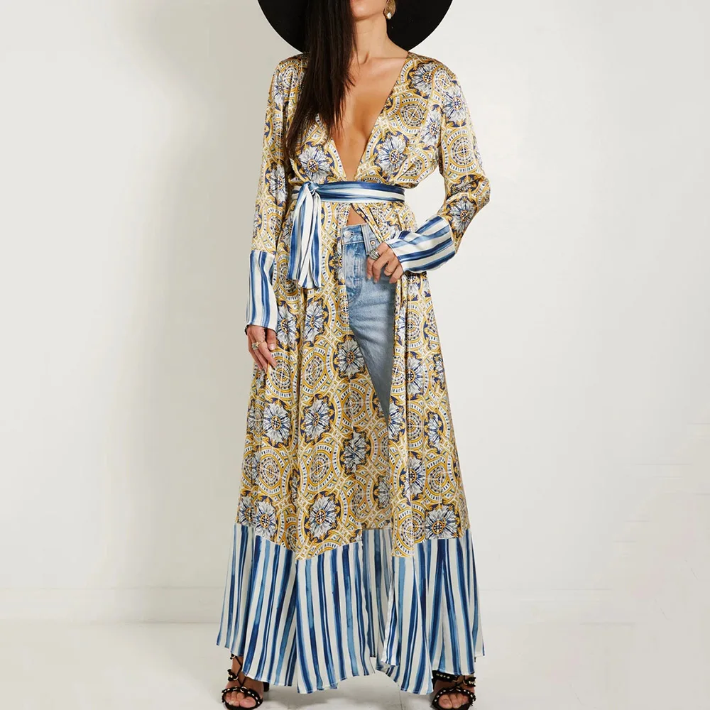 Boho Ретро этнический принт каникулы v-образным вырезом свободные лодыжки длина