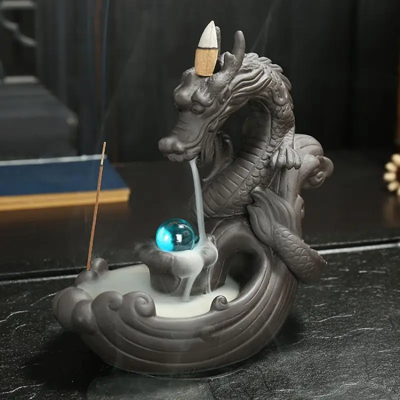 

HandMade Ceramic Backflow Dragon Incense Burner Creative Home Decor Chinese Dragon Censer With Crystal Ball +20Pcs Incense Cones