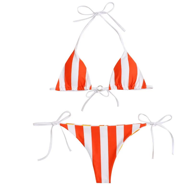 

Sexy Triangle Push Up Brazilian Bikini Set Stripe Bandeau Swimwear Women String Bikinis Reversible Bathing Suit Female Biquini