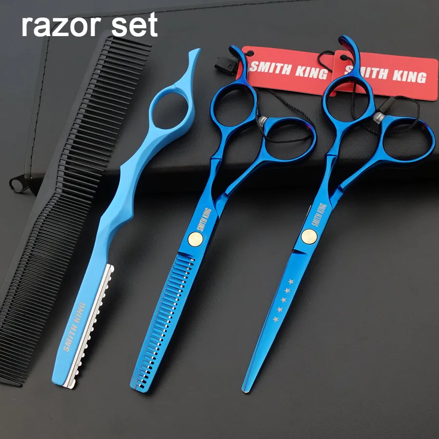 razor set SMITH KING Профессиональные парикмахерские ножницы, 6 дюймов ножницы для стрижки+ филировочные ножницы/ножницы+ бритва/Филировочная расческа+ наборы/Чехол - Цвет: razor set