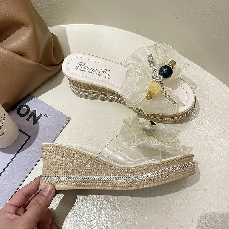 

Bow Platform Wedge Slippers Sandals Women Transparent PVC Slippers Women Shoes Summer Casual Thick Sole Slides Mujer 2021