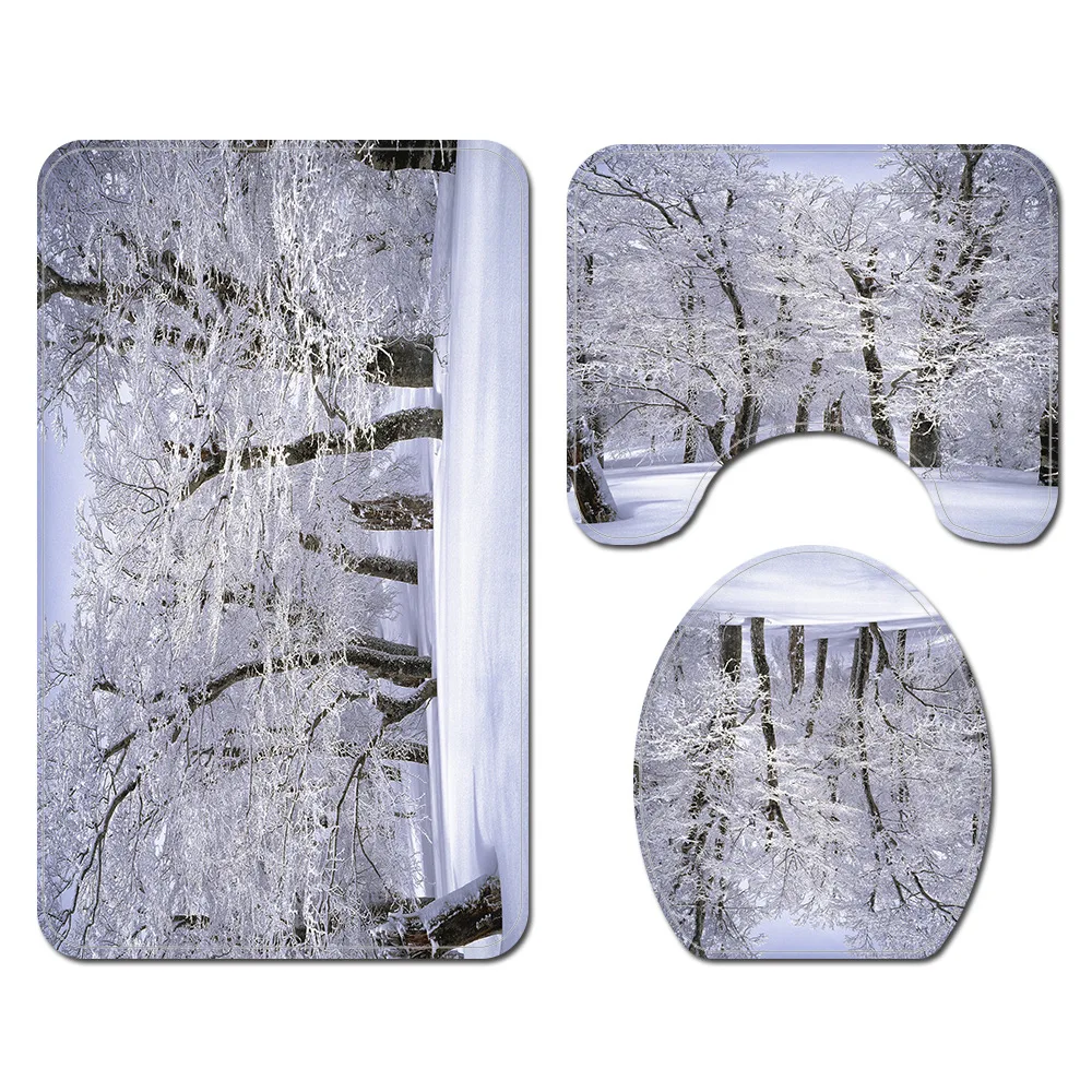 Winter Snow Forest Frosty Tree Bathroom Curtains Set Waterproof Fabric Polyester Shower Curtain Toilet Cover Mat Non Slip Rug | Дом и сад