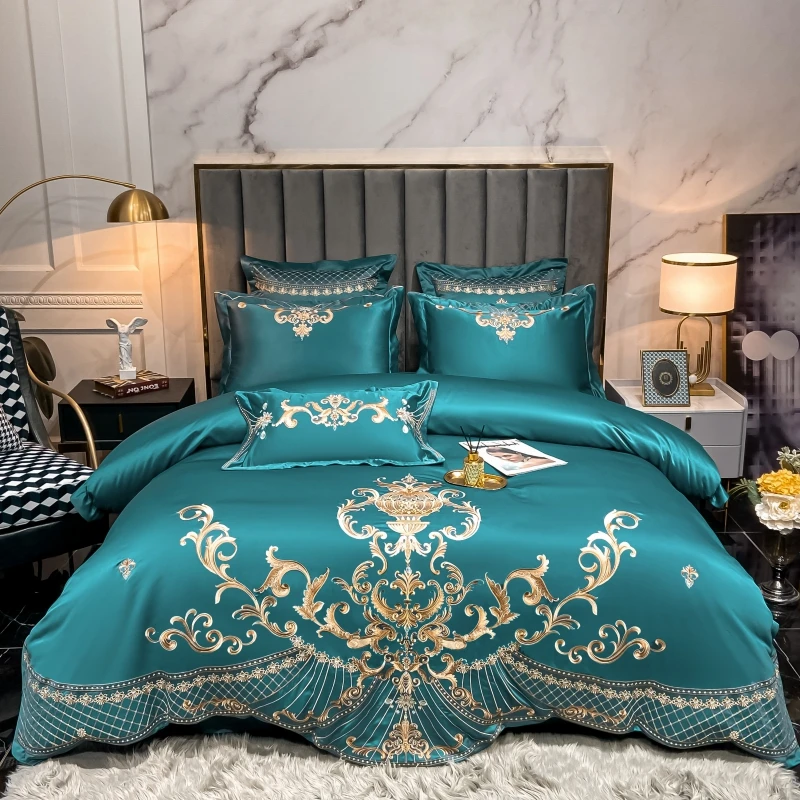

4Pcs Queen King Size Green Satin Gold Embroidery Bedding Set Luxury European Neoclassical Style Duvet Cover Bed Sheet Pillowcase
