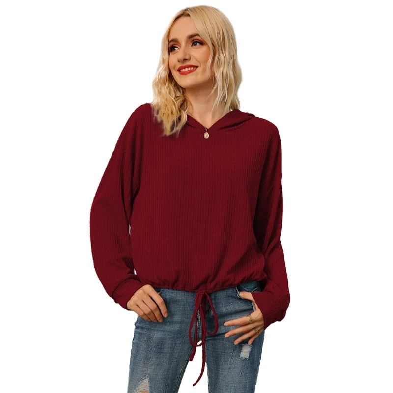 

Women Long Sleeve Pullover Hoodies Solid Color Ribbed Drawstring Hem Sweatshirt BX0B