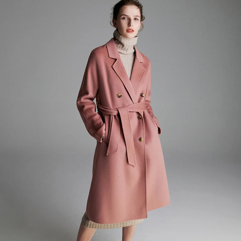 

SHZQ 2021 Winter New 100% Wool Pink Woolen Double-sided Cashmere Coat Women's Medium and Long Wool Coat