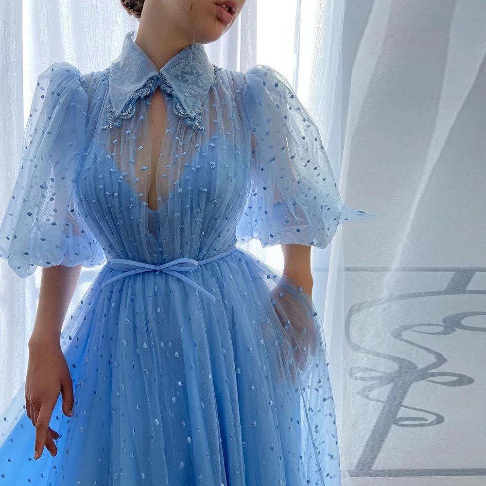 Бальное платье Bbonlinedress синее с высоким воротником коротким рукавом | Свадьбы и