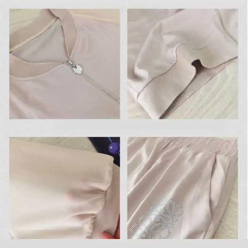 

Plus Size Rhinestone Print Tracksuit Women Casual Loose 2 Piece Set Summer Korean Short Sleeve Zipper Baseball Top + Shorts Suit