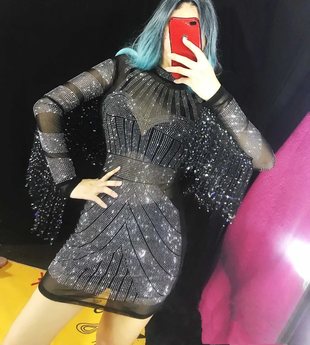 Сетчатое прозрачное женское платье черное сексуальное с кисточками и рукавами